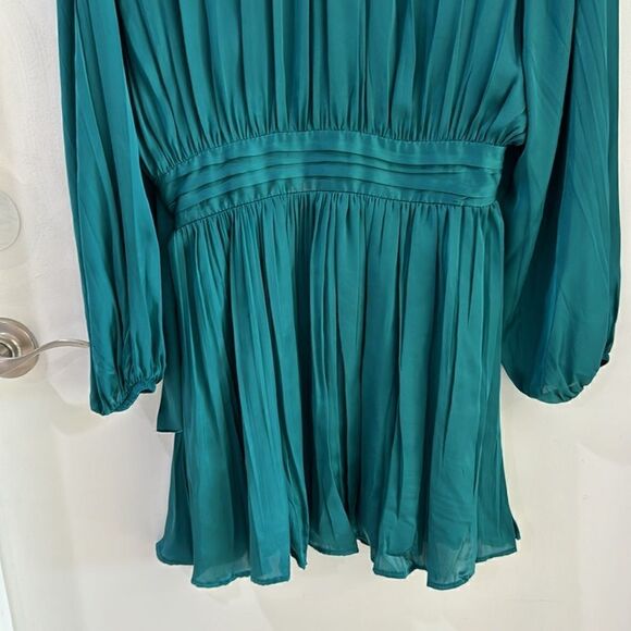 ZARA emerald green turquoise dress satin mock neck pleated ruched NWOT S - Picture 4 of 10